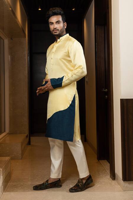 Buy_Yoseba_Yellow Linen, Satin, Cotton Amber Aura Color Block Kurta Set 