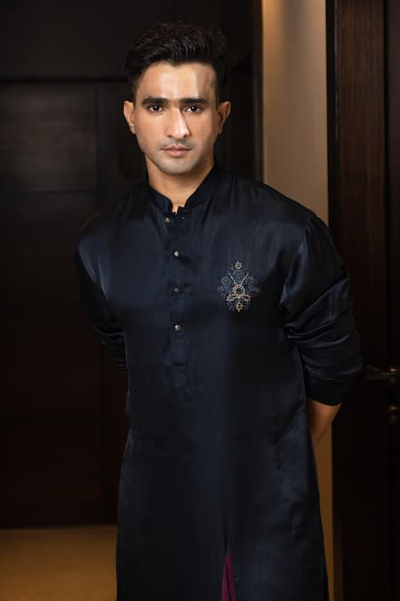 Buy Yoseba Blue Linen, Cotton Embroidery Navy Color Block Threadwork Kurta Set Online at Aza Fashions Buy_Yoseba_Blue Linen, Cotton Embroidery Navy Color Block Threadwork Kurta Set _Online_at_Aza_Fashions