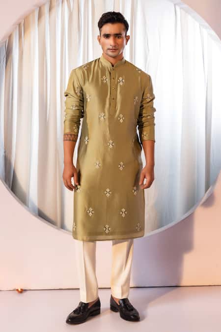 Yoseba_Green Linen, Satin, Cotton Embroidery Geometric Kurta And Pant Set _at_Aza_Fashions