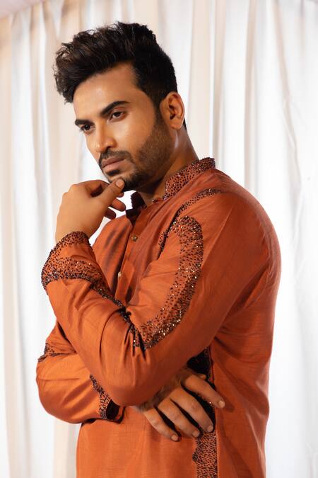 Yoseba Brown Linen, Satin, Cotton Cut Work Cutdana Embellished Kurta And Pant Set at Aza Fashions Yoseba_Brown Linen, Satin, Cotton Cut Work Cutdana Embellished Kurta And Pant Set _at_Aza_Fashions