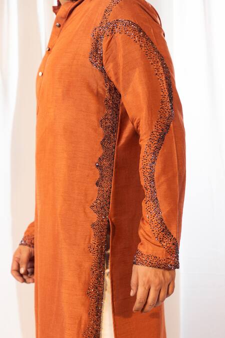 Shop Yoseba Brown Linen, Satin, Cotton Cut Work Cutdana Embellished Kurta And Pant Set Shop_Yoseba_Brown Linen, Satin, Cotton Cut Work Cutdana Embellished Kurta And Pant Set