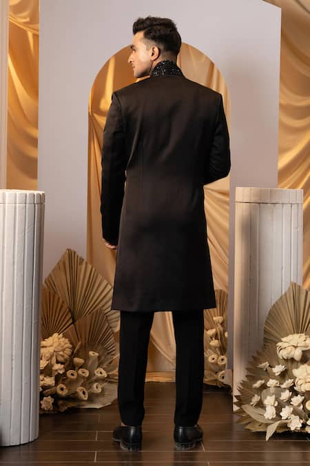 Shop Yoseba Black Linen, Satin Cut Work Cutdana Embroidered Kurta Shrug Set at Aza Fashions Shop_Yoseba_Black Linen, Satin Cut Work Cutdana Embroidered Kurta Shrug Set _at_Aza_Fashions