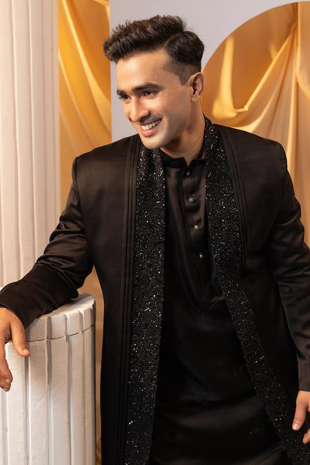 Shop Yoseba Black Linen, Satin Cut Work Cutdana Embroidered Kurta Shrug Set Online at Aza Fashions Shop_Yoseba_Black Linen, Satin Cut Work Cutdana Embroidered Kurta Shrug Set _Online_at_Aza_Fashions