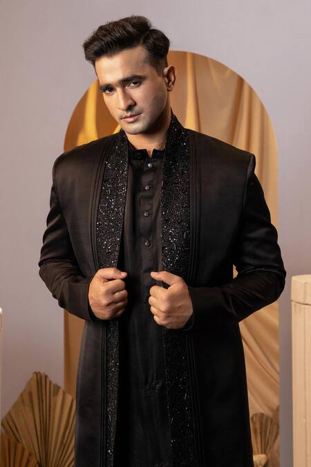 Yoseba Black Linen, Satin Cut Work Cutdana Embroidered Kurta Shrug Set at Aza Fashions Yoseba_Black Linen, Satin Cut Work Cutdana Embroidered Kurta Shrug Set _at_Aza_Fashions