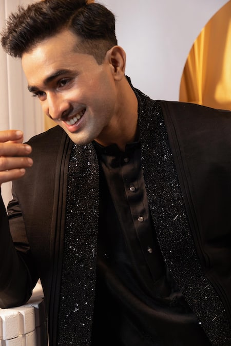 Buy Yoseba Black Linen, Satin Cut Work Cutdana Embroidered Kurta Shrug Set Buy_Yoseba_Black Linen, Satin Cut Work Cutdana Embroidered Kurta Shrug Set