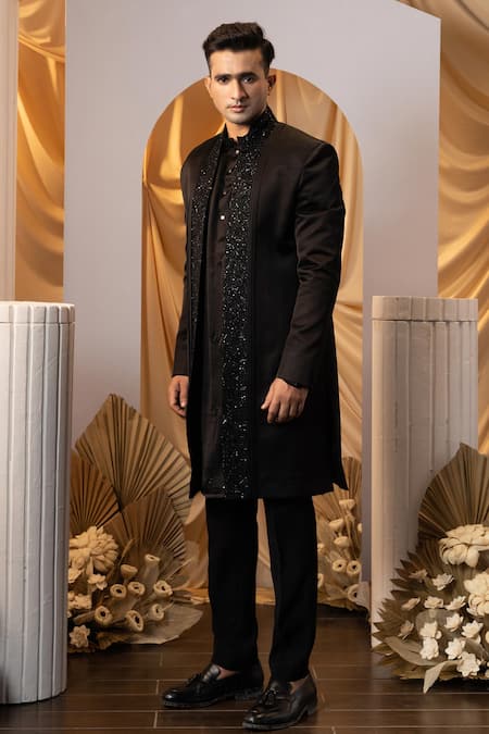 Shop Yoseba Black Linen, Satin Cut Work Cutdana Embroidered Kurta Shrug Set Shop_Yoseba_Black Linen, Satin Cut Work Cutdana Embroidered Kurta Shrug Set