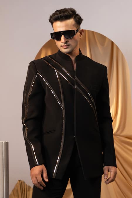 Yoseba Black Cotton Tape Detailed Bandhgala And Trouser Set Online at Aza Fashions Yoseba_Black Cotton Tape Detailed Bandhgala And Trouser Set _Online_at_Aza_Fashions