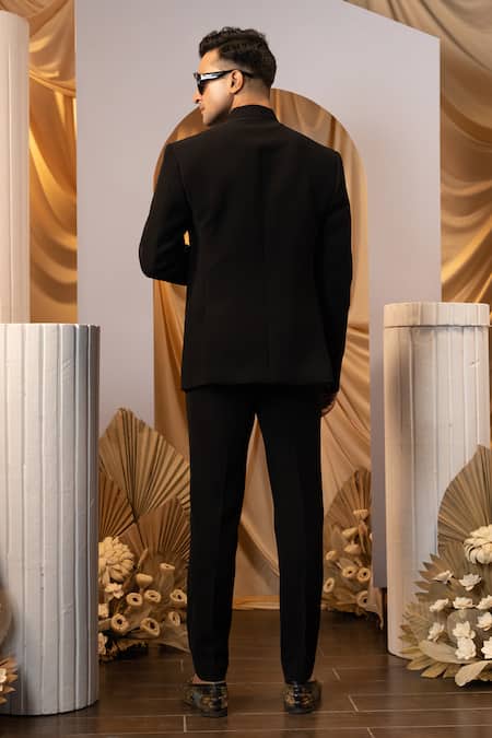 Shop Yoseba Black Cotton Tape Detailed Bandhgala And Trouser Set at Aza Fashions Shop_Yoseba_Black Cotton Tape Detailed Bandhgala And Trouser Set _at_Aza_Fashions