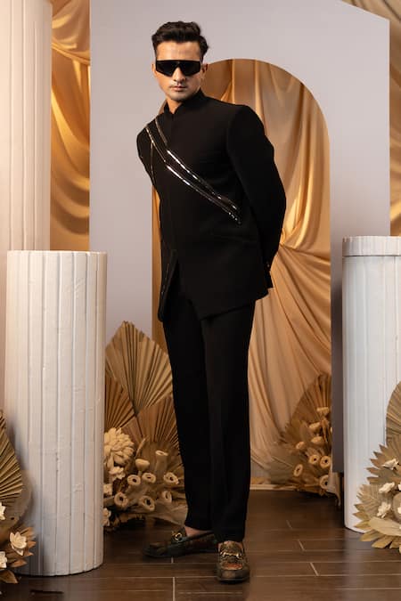 Shop Yoseba Black Cotton Tape Detailed Bandhgala And Trouser Set Online at Aza Fashions Shop_Yoseba_Black Cotton Tape Detailed Bandhgala And Trouser Set _Online_at_Aza_Fashions