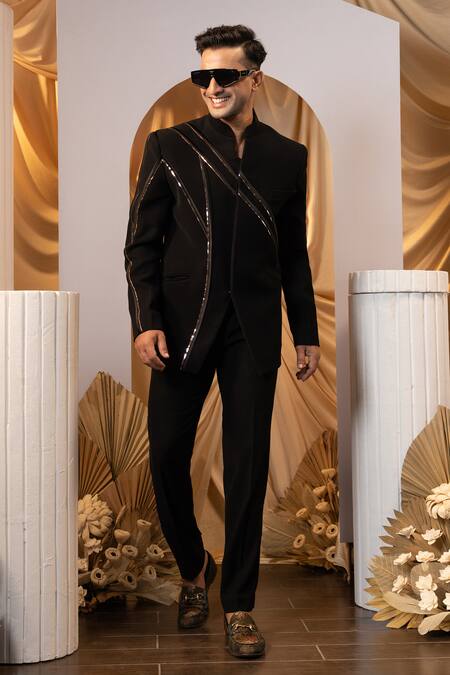 Yoseba Black Cotton Tape Detailed Bandhgala And Trouser Set at Aza Fashions Yoseba_Black Cotton Tape Detailed Bandhgala And Trouser Set _at_Aza_Fashions