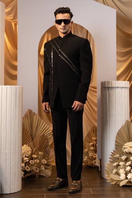 Buy Yoseba Black Cotton Tape Detailed Bandhgala And Trouser Set Buy_Yoseba_Black Cotton Tape Detailed Bandhgala And Trouser Set