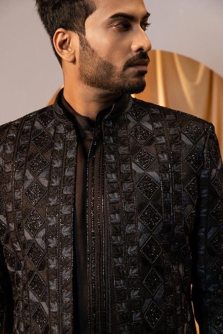 Yoseba_Black Polyester, Linen, Cotton Cut Work Cutdana Embroidered Kurta Set _Online_at_Aza_Fashions