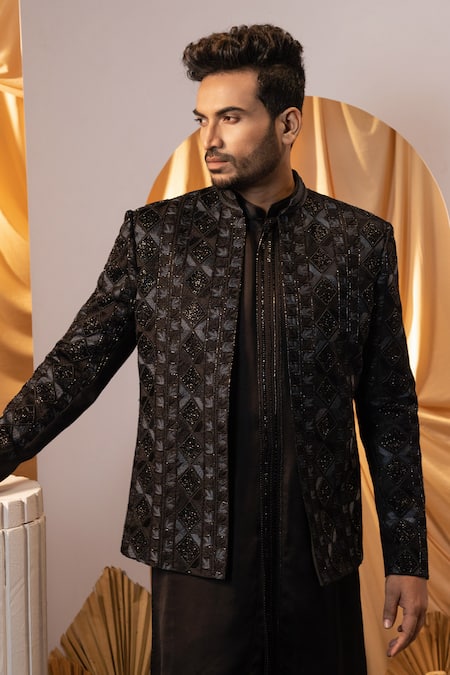 Buy_Yoseba_Black Polyester, Linen, Cotton Cut Work Cutdana Embroidered Kurta Set _Online_at_Aza_Fashions