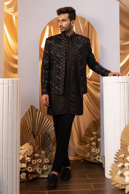 Shop_Yoseba_Black Polyester, Linen, Cotton Cut Work Cutdana Embroidered Kurta Set _Online_at_Aza_Fashions