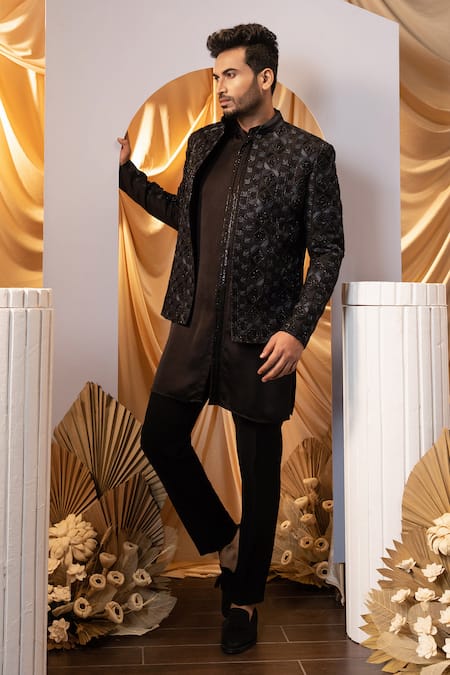 Yoseba_Black Polyester, Linen, Cotton Cut Work Cutdana Embroidered Kurta Set _at_Aza_Fashions