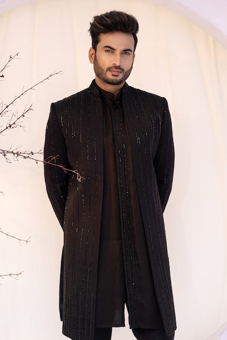 Buy Yoseba Black Linen, Silk Cut Work, Embroidery Achkan Set Online at Aza Fashions Buy_Yoseba_Black Linen, Silk Cut Work, Embroidery Achkan Set _Online_at_Aza_Fashions