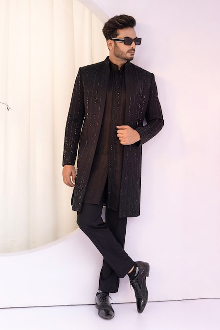 Shop Yoseba Black Linen, Silk Cut Work, Embroidery Achkan Set Online at Aza Fashions Shop_Yoseba_Black Linen, Silk Cut Work, Embroidery Achkan Set _Online_at_Aza_Fashions