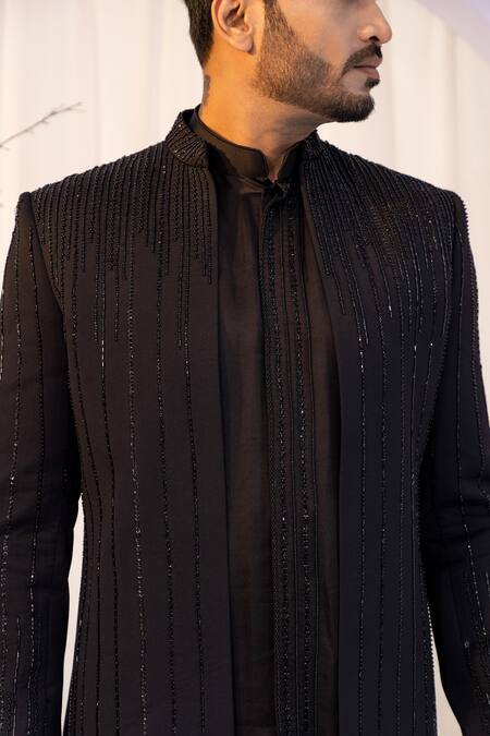 Yoseba Black Linen, Silk Cut Work, Embroidery Achkan Set at Aza Fashions Yoseba_Black Linen, Silk Cut Work, Embroidery Achkan Set _at_Aza_Fashions