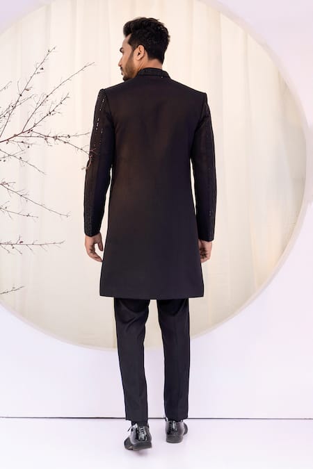 Yoseba Black Linen, Silk Cut Work, Embroidery Achkan Set Online at Aza Fashions Yoseba_Black Linen, Silk Cut Work, Embroidery Achkan Set _Online_at_Aza_Fashions