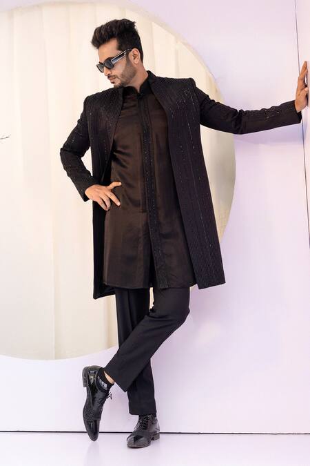 Buy Yoseba Black Linen, Silk Cut Work, Embroidery Achkan Set Buy_Yoseba_Black Linen, Silk Cut Work, Embroidery Achkan Set