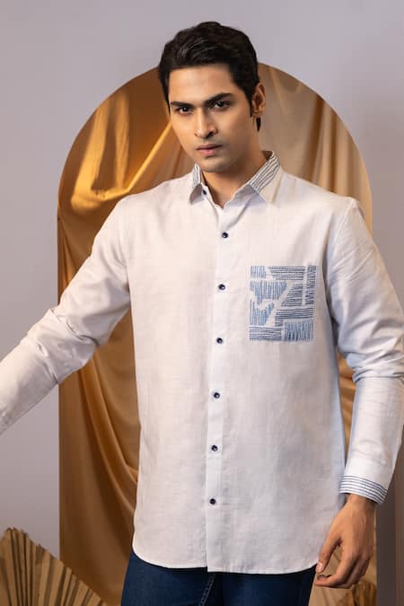 Yoseba_Blue Linen Embroidery Deep Sea Dive Shirt _Online_at_Aza_Fashions