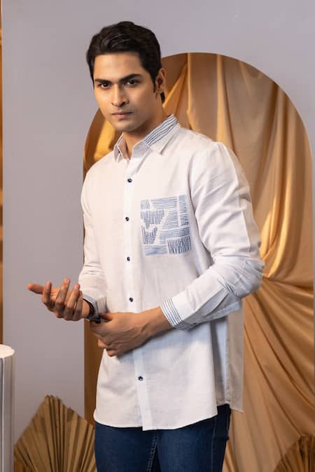 Buy_Yoseba_Blue Linen Embroidery Deep Sea Dive Shirt _Online_at_Aza_Fashions