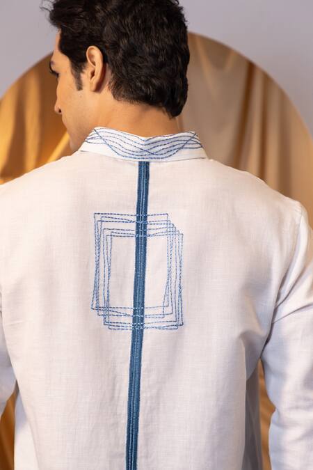 Shop_Yoseba_Blue Linen Embroidery Deep Sea Dive Shirt _Online_at_Aza_Fashions