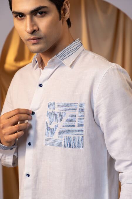 Yoseba_Blue Linen Embroidery Deep Sea Dive Shirt _at_Aza_Fashions