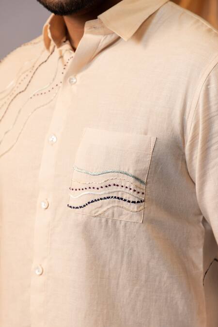 Yoseba Beige Linen Embroidery Stitch Shirt Online at Aza Fashions Yoseba_Beige Linen Embroidery Stitch Shirt _Online_at_Aza_Fashions