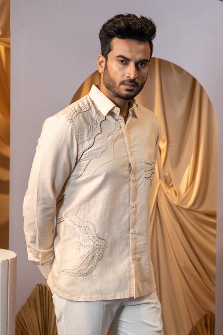 Buy Yoseba Beige Linen Embroidery Stitch Shirt Online at Aza Fashions Buy_Yoseba_Beige Linen Embroidery Stitch Shirt _Online_at_Aza_Fashions