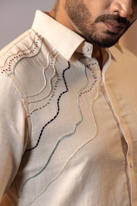 Shop Yoseba Beige Linen Embroidery Stitch Shirt Online at Aza Fashions Shop_Yoseba_Beige Linen Embroidery Stitch Shirt _Online_at_Aza_Fashions