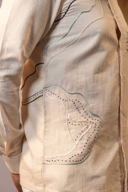 Yoseba Beige Linen Embroidery Stitch Shirt at Aza Fashions Yoseba_Beige Linen Embroidery Stitch Shirt _at_Aza_Fashions