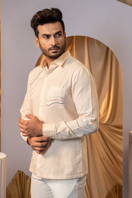 Buy Yoseba Beige Linen Embroidery Stitch Shirt Buy_Yoseba_Beige Linen Embroidery Stitch Shirt