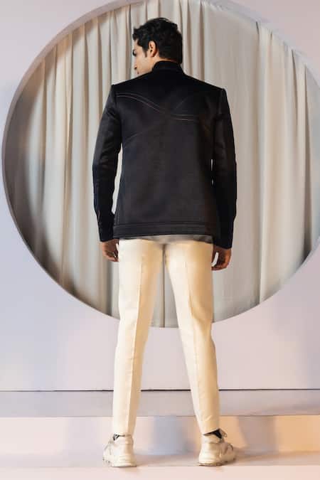 Yoseba Off White Cotton, Linen, Satin Embroidery Tonal Bomber Jacket And Trouser Set Online at Aza Fashions Yoseba_Off White Cotton, Linen, Satin Embroidery Tonal Bomber Jacket And Trouser Set _Online_at_Aza_Fashions