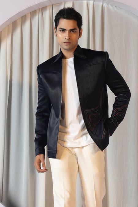 Buy Yoseba Off White Cotton, Linen, Satin Embroidery Tonal Bomber Jacket And Trouser Set Online at Aza Fashions Buy_Yoseba_Off White Cotton, Linen, Satin Embroidery Tonal Bomber Jacket And Trouser Set _Online_at_Aza_Fashions