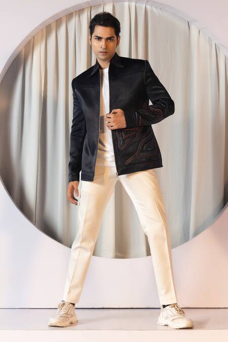 Shop Yoseba Off White Cotton, Linen, Satin Embroidery Tonal Bomber Jacket And Trouser Set Online at Aza Fashions Shop_Yoseba_Off White Cotton, Linen, Satin Embroidery Tonal Bomber Jacket And Trouser Set _Online_at_Aza_Fashions