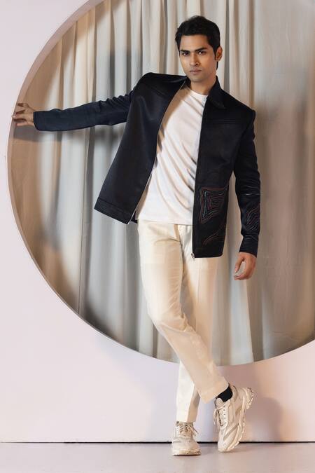 Yoseba Off White Cotton, Linen, Satin Embroidery Tonal Bomber Jacket And Trouser Set at Aza Fashions Yoseba_Off White Cotton, Linen, Satin Embroidery Tonal Bomber Jacket And Trouser Set _at_Aza_Fashions