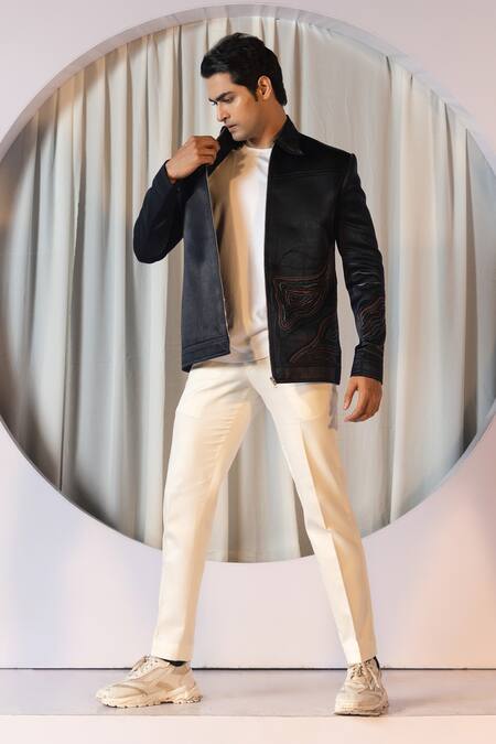 Buy Yoseba Off White Cotton, Linen, Satin Embroidery Tonal Bomber Jacket And Trouser Set Buy_Yoseba_Off White Cotton, Linen, Satin Embroidery Tonal Bomber Jacket And Trouser Set