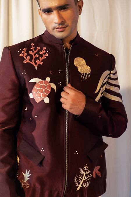 Buy Yoseba Maroon Jersey, Cotton Embroidery Celestial Motif Jacket And Trouser Set Online at Aza Fashions Buy_Yoseba_Maroon Jersey, Cotton Embroidery Celestial Motif Jacket And Trouser Set _Online_at_Aza_Fashions