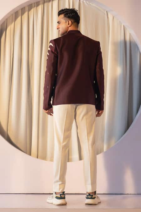 Yoseba Maroon Jersey, Cotton Embroidery Celestial Motif Jacket And Trouser Set Online at Aza Fashions Yoseba_Maroon Jersey, Cotton Embroidery Celestial Motif Jacket And Trouser Set _Online_at_Aza_Fashions