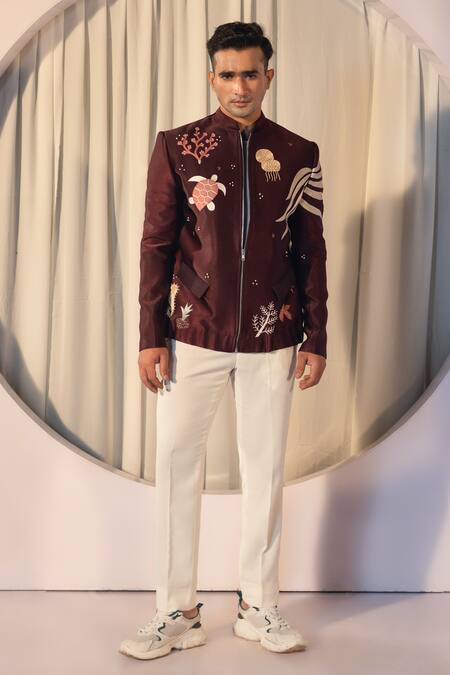 Shop Yoseba Maroon Jersey, Cotton Embroidery Celestial Motif Jacket And Trouser Set Online at Aza Fashions Shop_Yoseba_Maroon Jersey, Cotton Embroidery Celestial Motif Jacket And Trouser Set _Online_at_Aza_Fashions