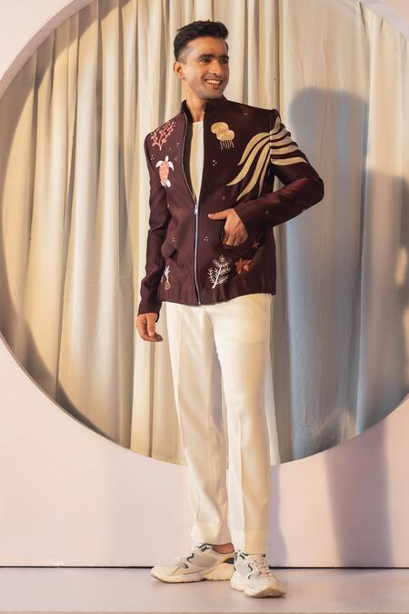 Yoseba Maroon Jersey, Cotton Embroidery Celestial Motif Jacket And Trouser Set at Aza Fashions Yoseba_Maroon Jersey, Cotton Embroidery Celestial Motif Jacket And Trouser Set _at_Aza_Fashions