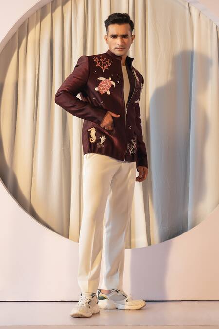 Buy Yoseba Maroon Jersey, Cotton Embroidery Celestial Motif Jacket And Trouser Set Buy_Yoseba_Maroon Jersey, Cotton Embroidery Celestial Motif Jacket And Trouser Set