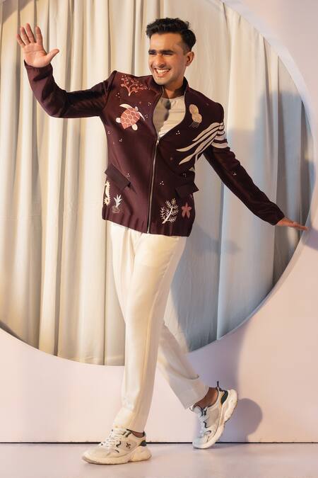 Shop Yoseba Maroon Jersey, Cotton Embroidery Celestial Motif Jacket And Trouser Set Shop_Yoseba_Maroon Jersey, Cotton Embroidery Celestial Motif Jacket And Trouser Set