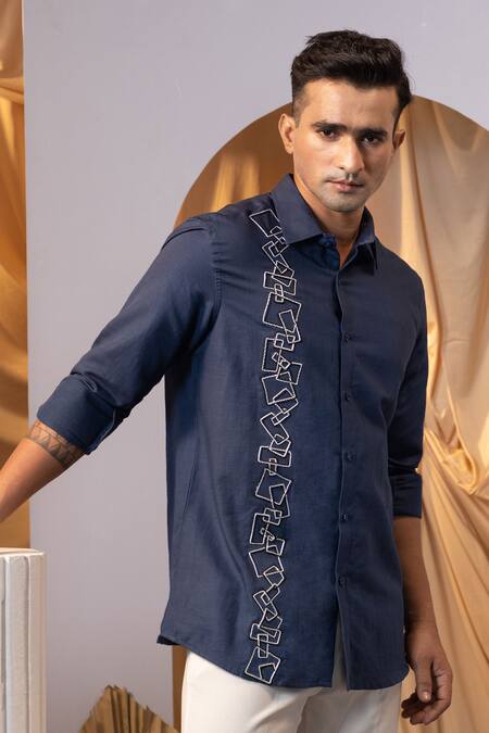 Yoseba_Blue Linen Embroidery Geometric Thread Shirt _Online_at_Aza_Fashions