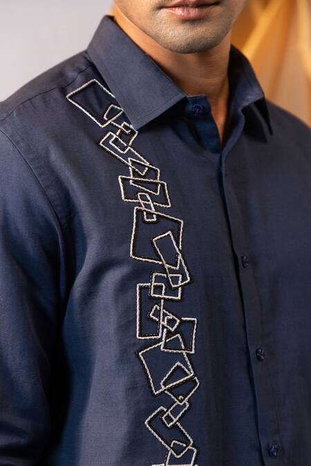 Buy_Yoseba_Blue Linen Embroidery Geometric Thread Shirt _Online_at_Aza_Fashions
