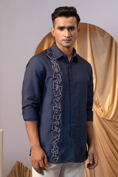 Shop_Yoseba_Blue Linen Embroidery Geometric Thread Shirt _Online_at_Aza_Fashions