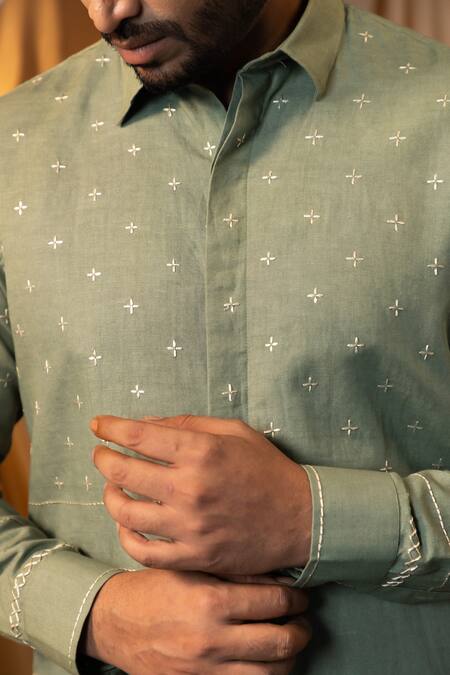 Shop Yoseba Gray Linen Embroidery Grey Thread Casual Shirt Online at Aza Fashions Shop_Yoseba_Gray Linen Embroidery Grey Thread Casual Shirt _Online_at_Aza_Fashions