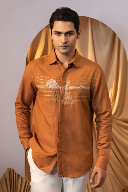 Yoseba Orange Linen Embroidery Rabbit Motif Shirt Online at Aza Fashions Yoseba_Orange Linen Embroidery Rabbit Motif Shirt _Online_at_Aza_Fashions