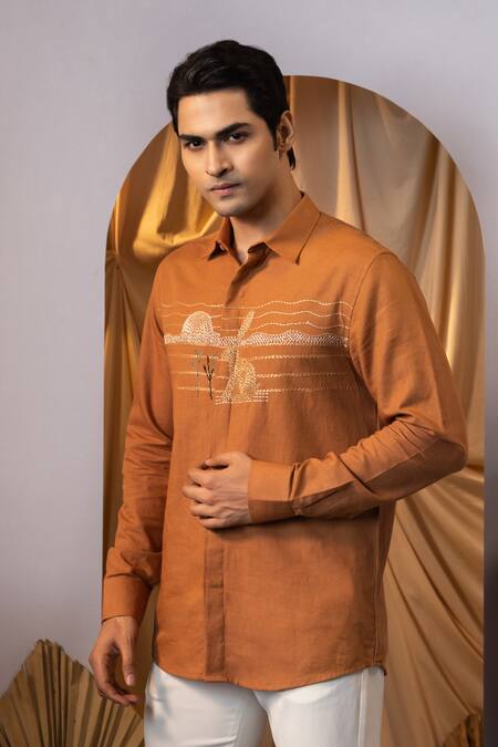 Buy Yoseba Orange Linen Embroidery Rabbit Motif Shirt Online at Aza Fashions Buy_Yoseba_Orange Linen Embroidery Rabbit Motif Shirt _Online_at_Aza_Fashions
